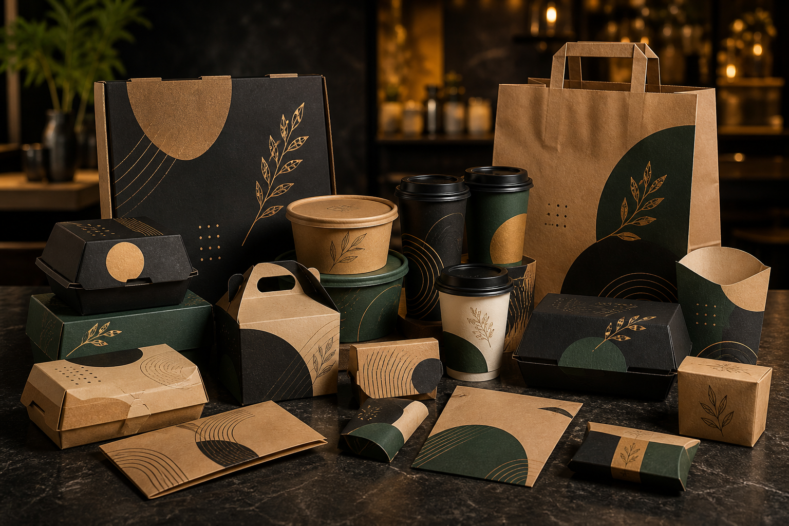 Assorted premium restaurant packaging products arranged together